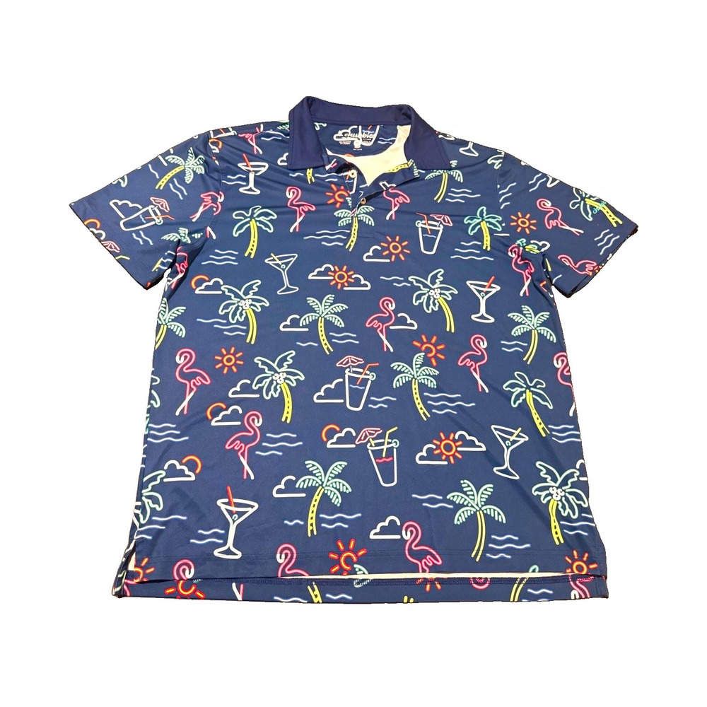 Chubbies Men's Navy Tropical Flamingo Graphic Print Stretch Polo Shirt Size M